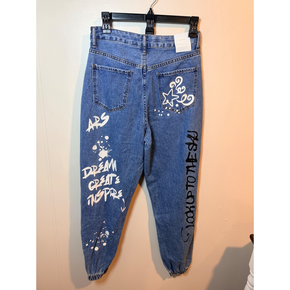 SONG Graffiti Jogger Jeans Women's Size 3/26 Blue Denim Elastic Waist Art - Picture 5 of 10